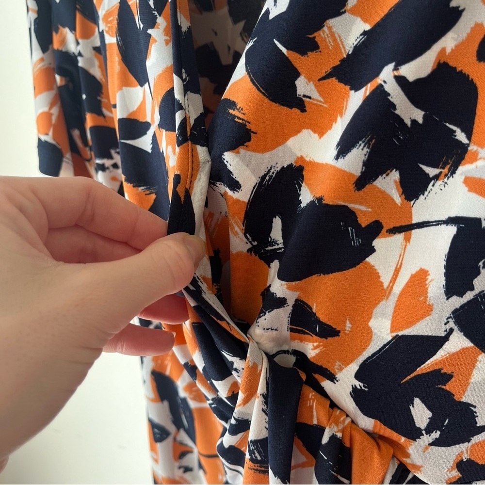 Banana Republic Wrap Front Dress Size Small, Navy Orange Abstract Print Stretch - Picture 5 of 12